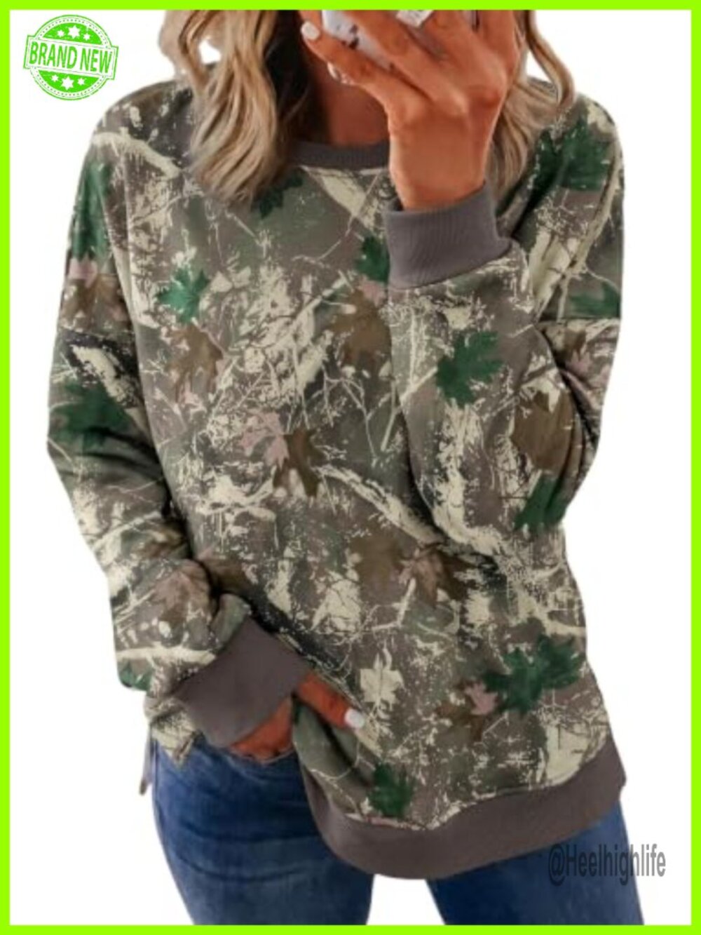 Plus Size Camo Print Crew Neck Pullover Sweatshirt Oversized Fit Women